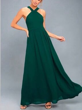 Women's Lulu’s  Air of Romance Dark Green Halter Maxi Dress size small